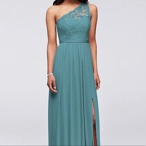 DAVIDS BRIDAL ONE SHOULDER TEAL BLUE DRESS: F17063